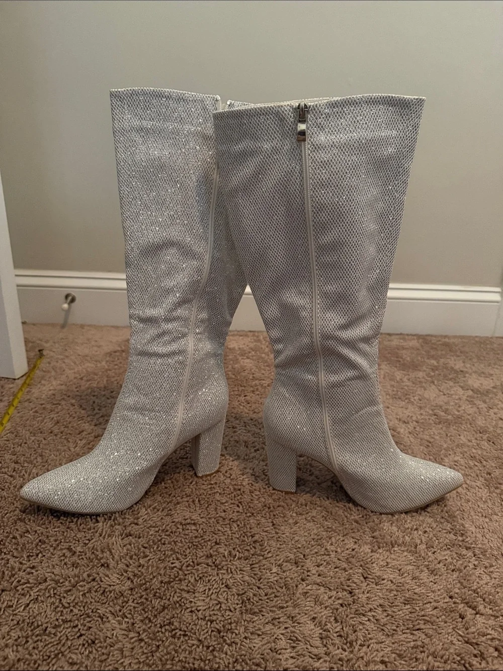 Silver Glitter Over-the-Knee Pointed Toe Boots